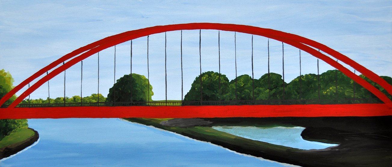 Ein gemaltes Bild: Zusehen ist eine rote Brücke über einem großen Fluss AFreihand_0173_Kanalbruecke.jpg