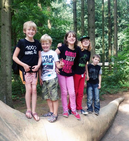 Eine Gruppe von Kindern steht im Wald auf einer dicken Wurzel und lachen.